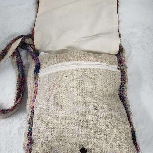Lakhays Collection Oatmeal Fuzzy Trim 100% Hemp Messenger Crossbody Bag - Picture 9 of 15